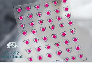 Detailed 5D embossed heart nail stickers with artistic black outlines and red shapes