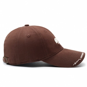 Brown brushed cotton baseball cap with white 3D embroidery and adjustable metal buckle