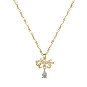 Elegant gold titanium necklace with sparkling crystal butterfly and teardrop pendant charm