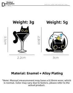 Detail view of two cartoon black cat enamel pins showing size dimensions and weight