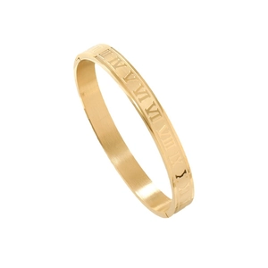 Minimalist gold titanium steel bangle with Roman numeral engravings on a white background