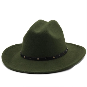 Detailed close-up of dark green felt fedora hat with studded leather band decoration