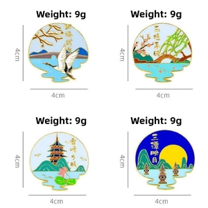 Set of 4 West Lake enamel fridge magnets showing weights and 4x4cm dimensions