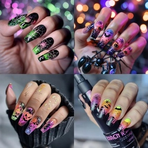 Detail shots of Halloween press-on nails featuring spider webs, skulls, and pumpkins