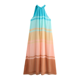 Women's halter neck gradient stripe chiffon maxi dress with sleeveless flowy beach style
