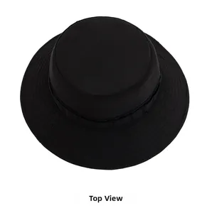 Top view of a black quick-dry sun hat with reinforced brim stitching and flat top design