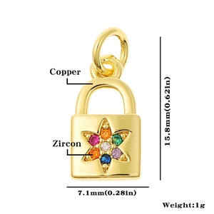 Macro shot of 15.8mm gold copper lock pendant with zircon flower and size details