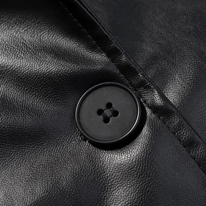 Close-up of black PU leather texture and button detail on a long women's trench coat