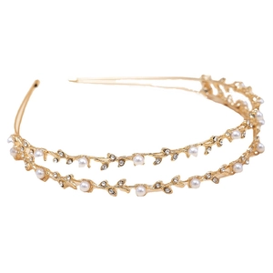 Elegant gold double-layered headband with rhinestones and pearls in a vine leaf pattern