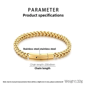 Detailed specs of 6mm gold stainless steel wheat chain bracelet with 230mm length