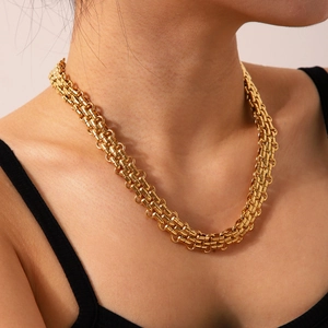 Chunky Woven Watchband Chain Necklace 18K Gold Plated Stainless Steel Retro Fashion Accessory For Women