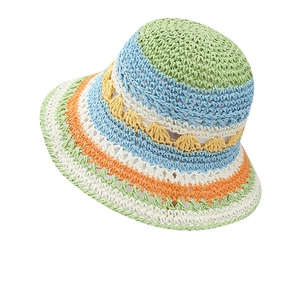 Colorful striped straw sun hat for women with a wavy brim for summer beach vacations