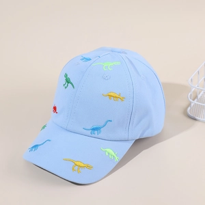 Detail of light blue cotton baseball cap featuring colorful dinosaur embroidery for kids