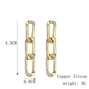 Detail view of 18K gold plated long chain earrings with micro-inlaid zircon stones