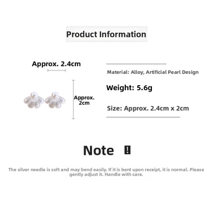 Detail view of flower petal earrings with faux pearl center and dimension measurements