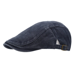 British retro dark blue washed denim flat cap with adjustable side metal buckle
