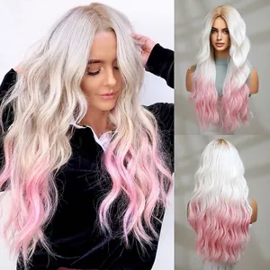 Detail showing the long wavy texture of the ombre white to pink synthetic fiber hair wig