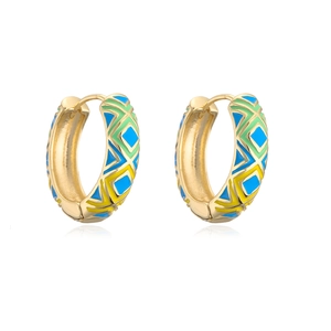 Detail view of 18K gold plated hoop earrings with colorful geometric enamel patterns