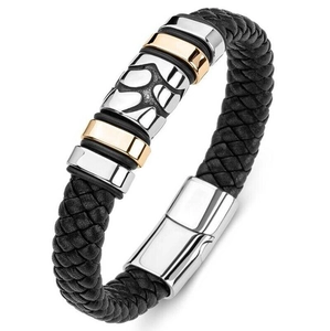 Men's punk braided leather bracelet with gold and silver metallic accents on white backdrop