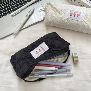 Large capacity aesthetic pleated fabric pencil case with floral embroidery and zipper