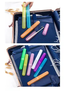 Portable colorful toothbrush cases organized inside a travel luggage suitcase