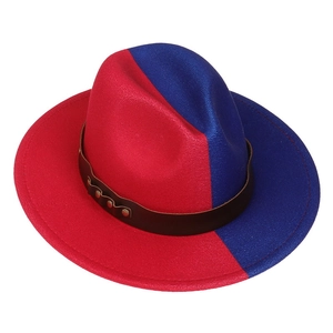 Top view of two-tone red and blue wool fedora hat with brown leather rivet band detail