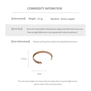 Tableau des tailles du bracelet en cuivre avec zircons affichant les dimensions 5,7cm et 5cm