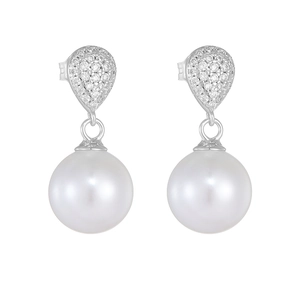 Detailed macro view of S925 silver teardrop earrings with zircon and white round pearls