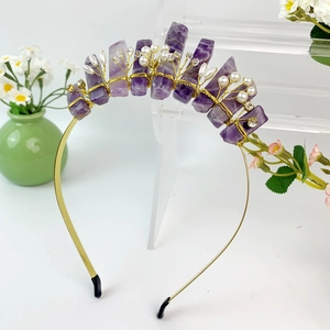 Handmade gold crystal headband with purple stones, pearls and rhinestones for parties