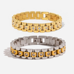 Vintage Watch Strap Style Bracelet Stainless Steel 18K Gold Plated Cubic Zirconia Link Chain Jewelry For Women