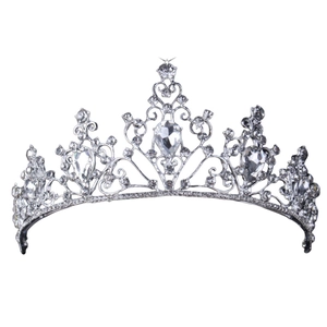 Silver flower crown headband with sparkling rhinestones and pear-cut crystals on white background