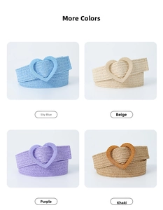 Detail of woven elastic waist belts in Sky Blue, Beige, Purple, and Khaki with heart buckles