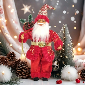 Standing Santa Claus doll in red sequined suit holding a lantern for Xmas decor