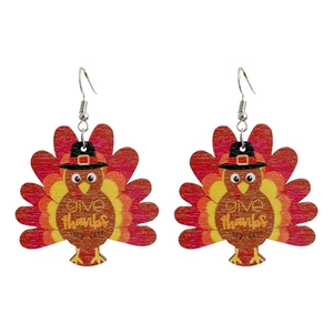 Wooden Thanksgiving turkey earrings with Give Thanks text on white background