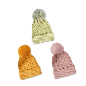 Chunky knit thermal beanie hats with faux fur pom poms in yellow pink and green