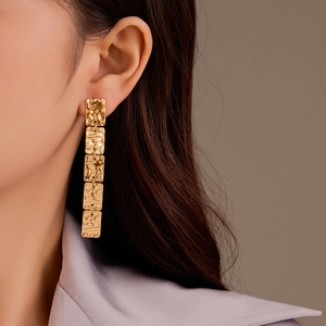 Vintage Stainless Steel 18K Gold Plated Square Hammered Long Tassel Drop Earrings For Women High End Exaggerated Statement Earrings
