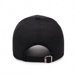 Rear view of black cotton baseball cap showing adjustable silver metal buckle strap