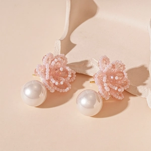 Pink beaded flower earrings with round white faux pearl drop on elegant stone base