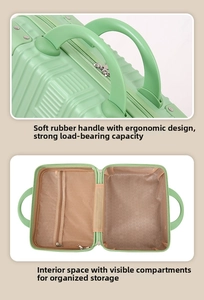 Detail of mint green vanity case showing soft ergonomic handle and mesh interior storage