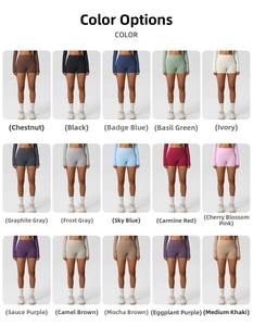 Detailed color chart of high waisted yoga shorts showing 15 different matte fabric shades
