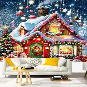 Detail showing a Christmas tapestry with snowy cottage and Santa for wall decoration