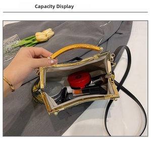 Internal view of vintage floral handbag showing capacity for cosmetics and daily items