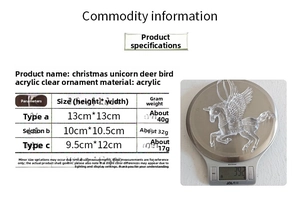 Detailed size chart and weight measurements for clear acrylic Christmas animal pendants