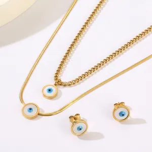 Evil Eye Jewelry For Women Stainless Steel Double Layer Necklace And Stud Earrings Bohemian Retro Cross Shell Inlay Gold Plated