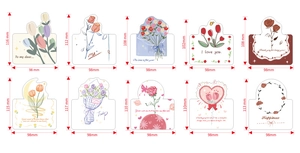 Detailed dimension layout showing multiple romantic floral greeting cards with sizing metrics