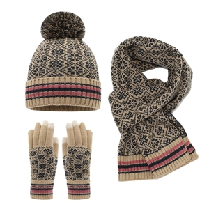 3-piece winter knit set with pompom beanie, scarf, and touch gloves in khaki geometric jacquard