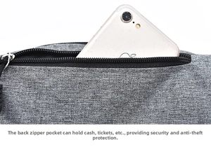 Detailed view of the back zipper pocket for phone storage and anti-theft security