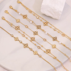 Stainless Steel Double Layer Clover Flower Bracelet With Cubic Zirconia And Artificial Pearl Elegant Jewelry For Women