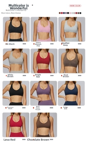 Close-up of brushed yoga bras in eleven colors including black, pink and red tones