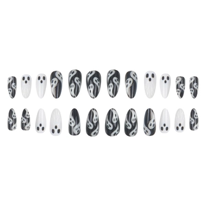 3D Halloween press-on nails featuring cute ghost faces and black abstract lines on white